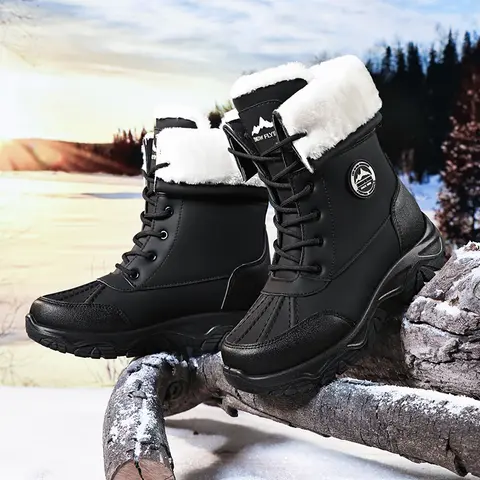 Men's Fleece-Lined PU Leather Winter Snow Boots - Chic Preppy Plush Fleece Fabric Round-Toe Lace-Up No-Heel Thick-Sole Warm Footwear for Outdoor & Daily Use