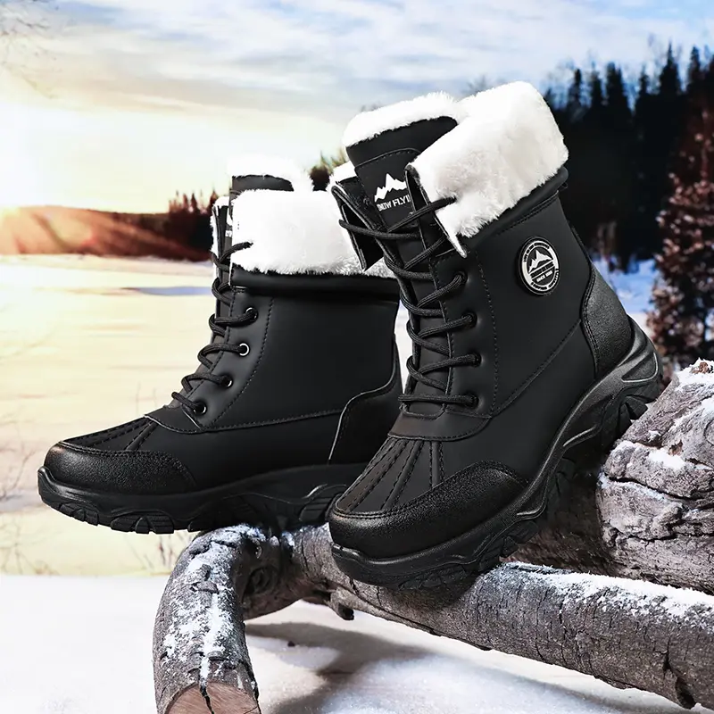 Men's Fleece-Lined PU Leather Winter Snow Boots - Chic Preppy Plush Fleece Fabric Round-Toe Lace-Up No-Heel Thick-Sole Warm Footwear for Outdoor & Daily Use