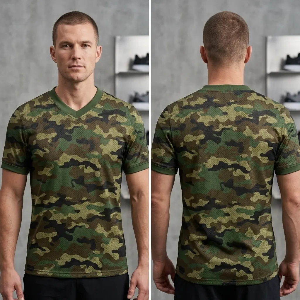 Camo Mesh Football Jersey, Classic Green Brown Camo Breathable Mesh V-Neck Sport Jersey, Great Gift for Him, Her