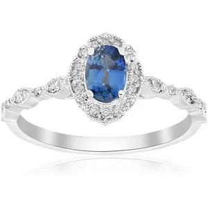 3/4ct Oval Blue Sapphire Diamond Halo Vintage Engagement Ring 14K White Gold