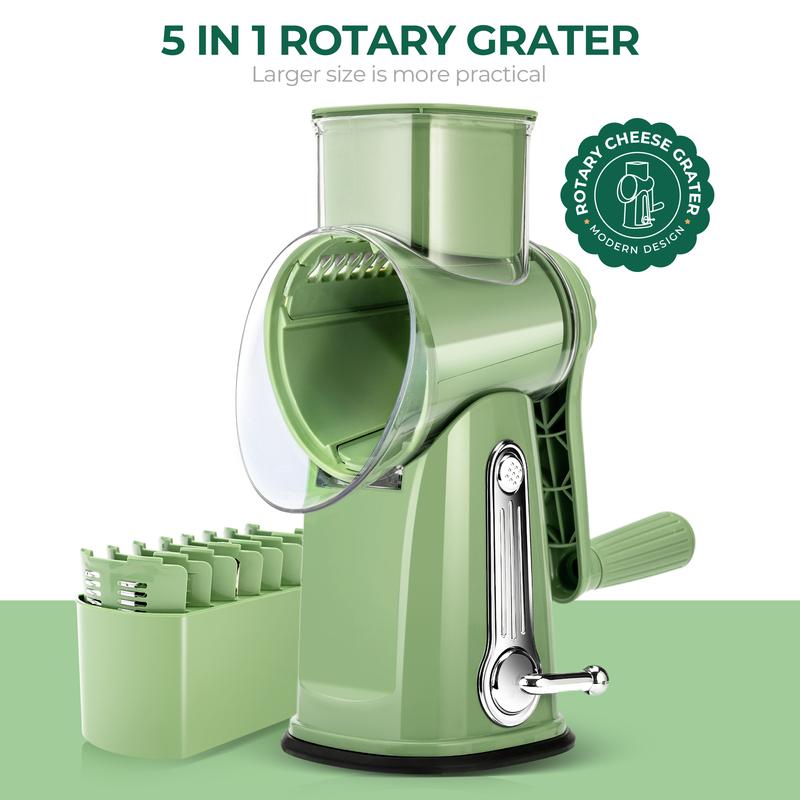 SUSTEAS Rotary Food Grater with Handle, Comes with 5 Well-Designed Blades and Strong Suction Cup Base, Comes with 1 Blade Storage Box Kitchen Vegetable Cutting Slicer Vegetable Cutter Utensils Green