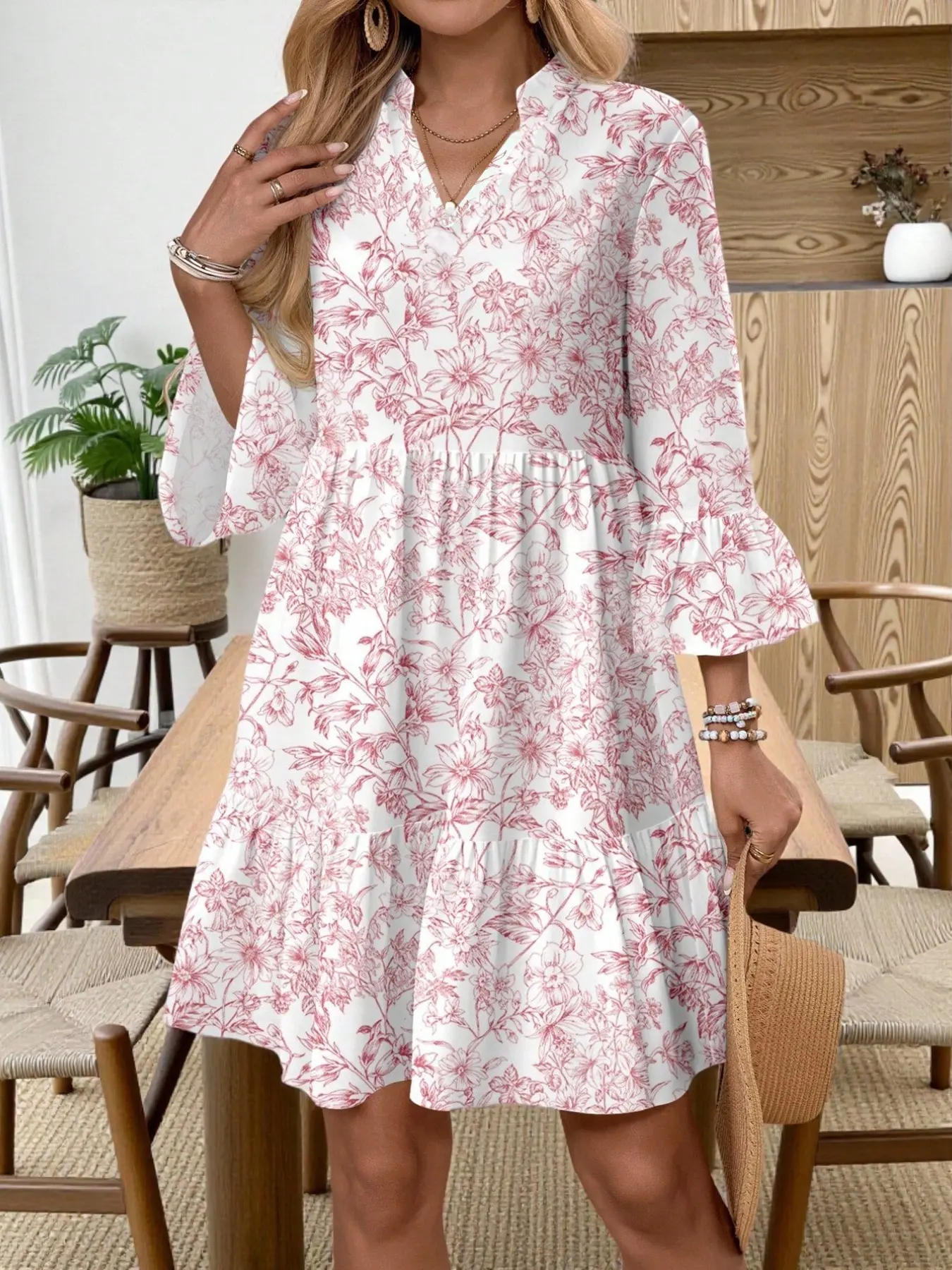 Women's Bohemian Boho Floral V-Neck Dress, Womenswear Casual Summer Fashion, Seven-Sleeve Bell Sleeve, All over Print, Spring & Fall Wear, Vneck Fit, Boho Summer Dresses