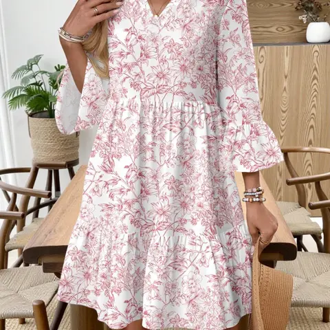 Women's Bohemian Boho Floral V-Neck Dress, Womenswear Casual Summer Fashion, Seven-Sleeve Bell Sleeve, All over Print, Spring & Fall Wear, Vneck Fit, Boho Summer Dresses