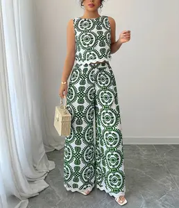 [Sleeveless Plant Set] Stylish and Elegant 2pcs Set: Women's Sleeveless Round Neck Top with Plant Pattern Pants for Spring, Summer, and Autumn