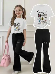 Girls' Casual Cartoon Print Two-Piece Set, Fitted Short Sleeve & Bell Bottoms, Coraline Theme, All Seasons Wear, Block, Girl Clothes School