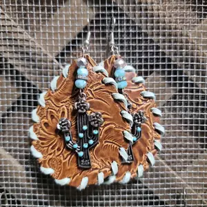 Leather Embossed Earrings with Turquoise Beaded Cactus Pendants for Western Style