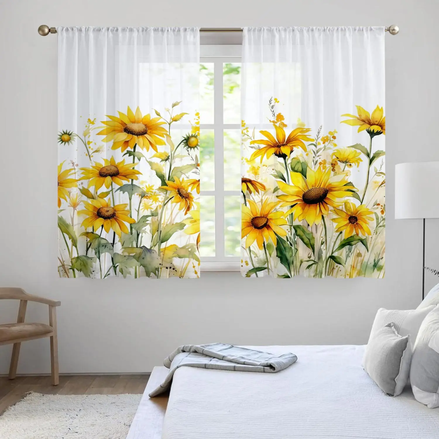 Sunflower Pattern Curtain, 2 Counts/set Modern Short Curtain, Window Curtain, Window Drapes for Home Living Room Bedroom Kitchen Bathroom, Home Decoration Curtain, Home Decorative Curtain, Window Decorations Supplies