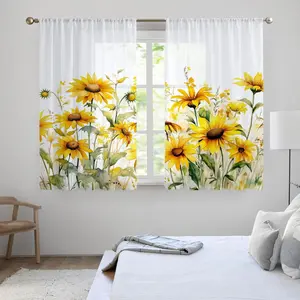 Sunflower Pattern Curtain, 2 Counts/set Modern Short Curtain, Window Curtain for Home Living Room Bedroom Kitchen Bathroom, Home Decoration Curtain