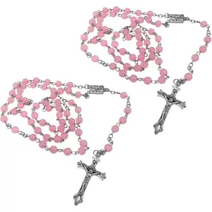 2PCS Car Rosary for Rearview Mirror, Pink Rosary Pendant Car Interior Rear View Mirror Charm Auto Decors, Car Medal and Cross Personalized Hanging Accessories for Women Men (Pink Rosary)