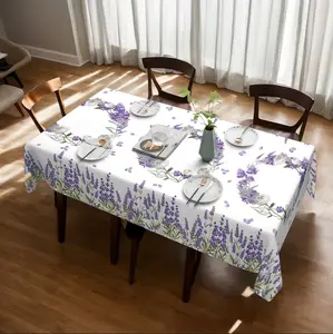 Polyester tablecloth, spring and summer lavender flower blooming party tablecloth, floral pastoral style pattern table cover, purple lavender butterfly vase and flower basket floral pattern tablecloth, for party, picnic, and dinner decoration.