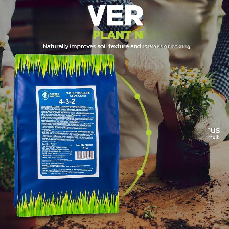 Supply Solutions 4-3-2 Nutri-Proganic Granular Fertilizer 10 Pounds - Slow Release Formula for Vegetable Garden Fruit Trees & House Plants - All Purpose Chicken Manure Fertilizer for Indoor Outdoor Food Crops