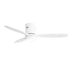 52 Inch Matte White Flush Mount Ceiling Fan, 3 Solid Parasol Wood Blades, 18W 3CCT Memory LED Light, 65% Energy Saving Quiet Reversible DC Motor, Low Profile Modern Vintage Indoor Outdoor Home Ventilation Fan