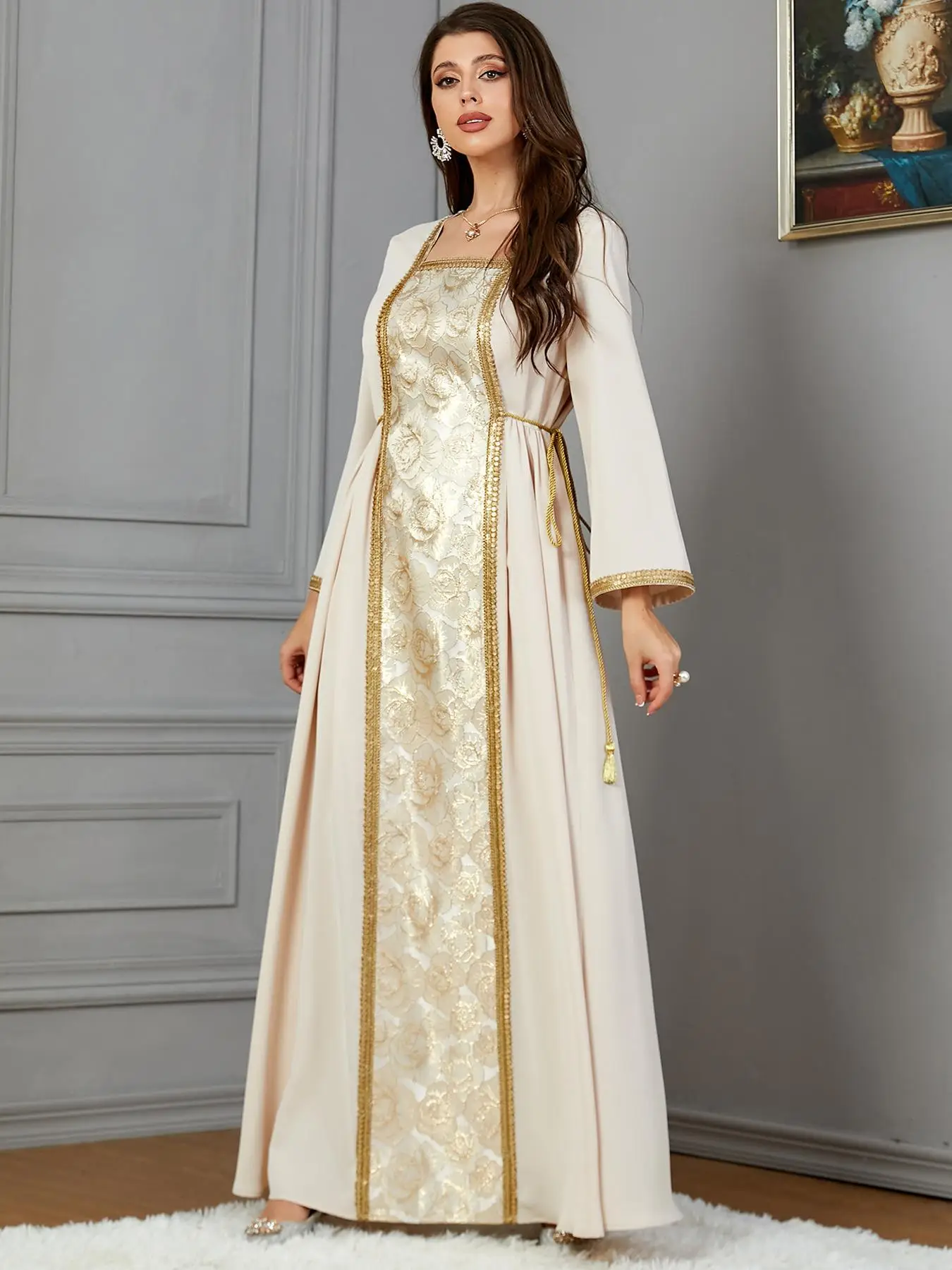 Women's Floral Jacquard Long Sleeve Arabian Dress, Elegant Maxi Dress for Party Holiday Wedding Guest, Ladies Islamic Clothing for All Seasons