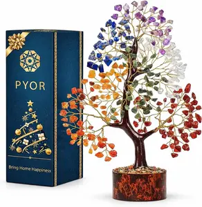 PYOR 7 Chakra Tree of Life Crystal Tree - Seven Chakra Healing Crystals & Stones for Chakra Balancing | Meditation | Reiki | Yoga Decor | Spiritual Gift | Gift for Woman Colorful Boho Room Wooden Bonsai