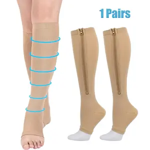 Zipper Compression Socks Women & Men - 2Pairs Calf Knee High 15-20mmHg Open Toe Compression Stocking suit for Walking