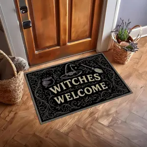 Witches Welcome Gothic Rug – Witchy Doormat with Cauldron, Broom and Hat, Halloween or Everyday Witch Decor Carpet