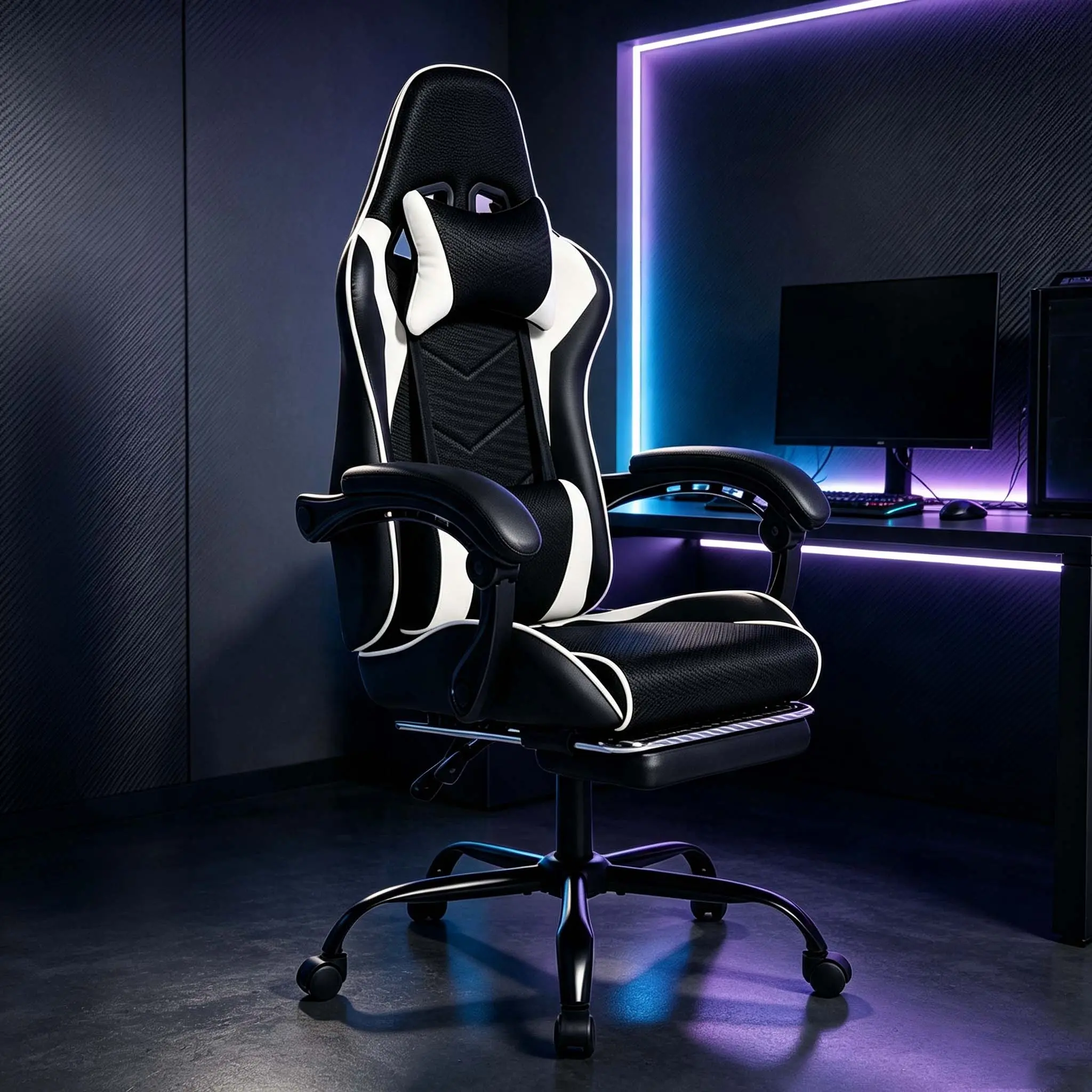 Ergonomic Gaming Chair, PU Leather Racing Style Computer Chair with Massage Lumbar Pillow, 135° Reclining Office Chair with Footrest, Black & White