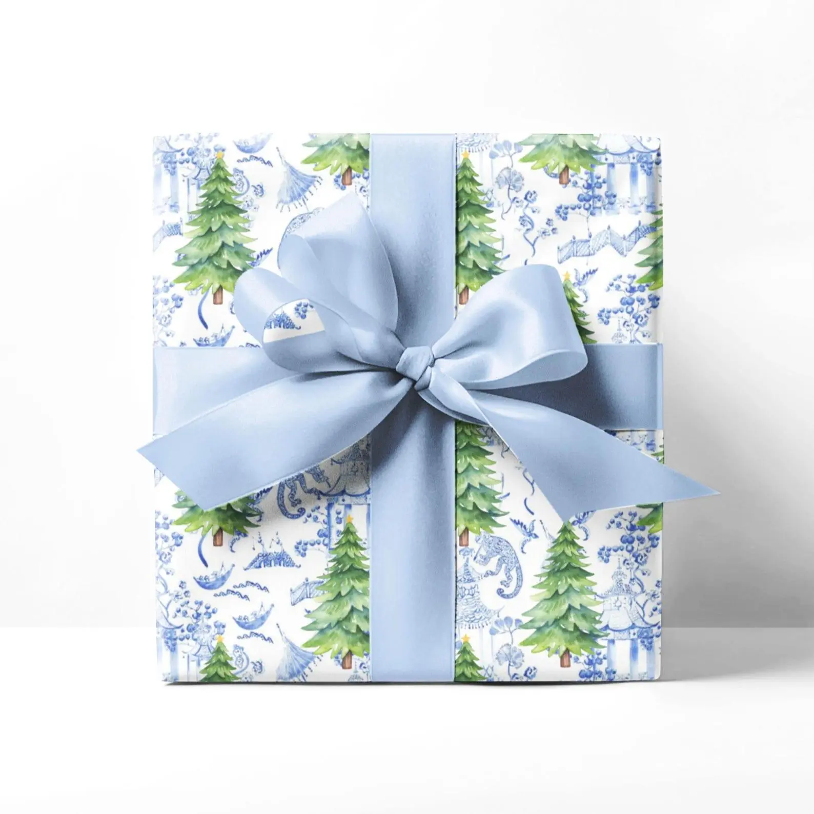 Christmas Chinoiserie Gift Wrap, blue and white preppy grand millennial wrapping paper