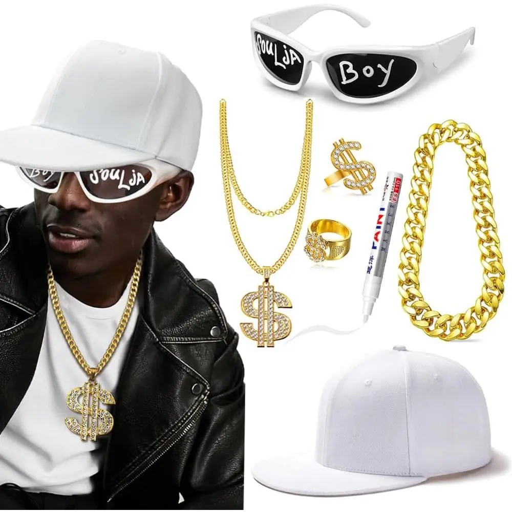 7-Piece Hip Hop Style Rapper Costume Kit Set, 80s-90s-2000s Rappers’ Clothes & Accessories Including Hat for Hip-Hop Look