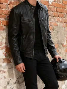 Men's Leather Jacket Spring & Fall Plain Casual Vintage Motorcycle Outerwear, Fitted Short Coat for Outdoor Riding