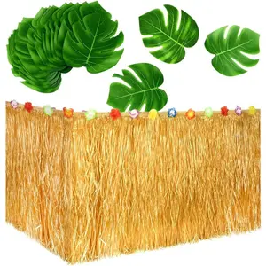 Luau Grass Table Skirt 9ft for Hawaiian Party, Moana Theme Tropical Birthday Party Babyshower Decorations Supplies, Drop Artificial Table Skirt with 12 Pcs Palm Leaves (Grass Yellow)