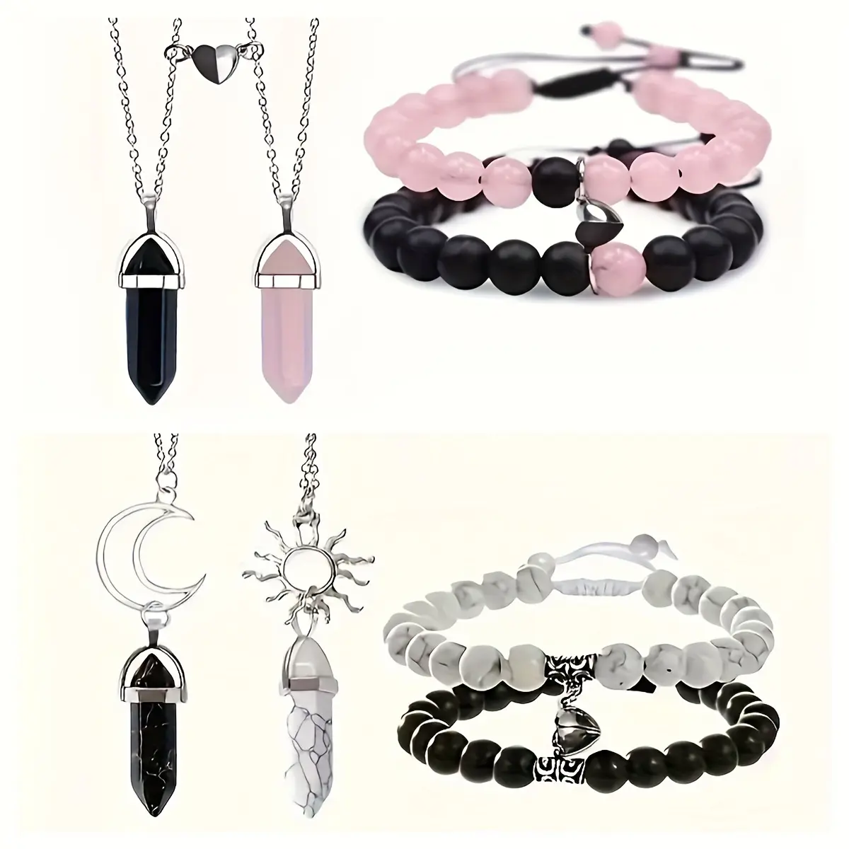 2 Pieces Necklace +2 Pieces Heart Sun Moon Matching Bracelet, 4PCS Magnetic Couples Bracelets Necklace Set with Adjustable Bracelets, Stretch Bead Bracelets Christmas Valentines Day Anniversary Jewelry Gifts for Him and Her
