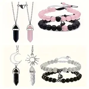 2 Pieces Necklace +2 Pieces Heart Sun Moon Matching Bracelet, 4PCS Magnetic Couples Bracelets Necklace Set with Adjustable Bracelets, Stretch Bead Bracelets Christmas Valentines Day Anniversary Jewelry Gifts for Him and Her