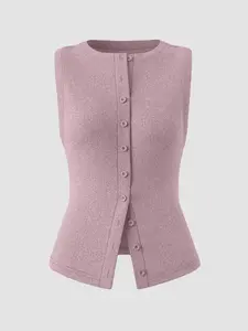 2026 Spring Summer New Elegant Women's Fitted Knit Racerback Tank Top, Plain Casual Round Neck Button Front Vest, Elegant Sleeveless Top for Sports, Vacation, Work, Daily Wear, Womenswear