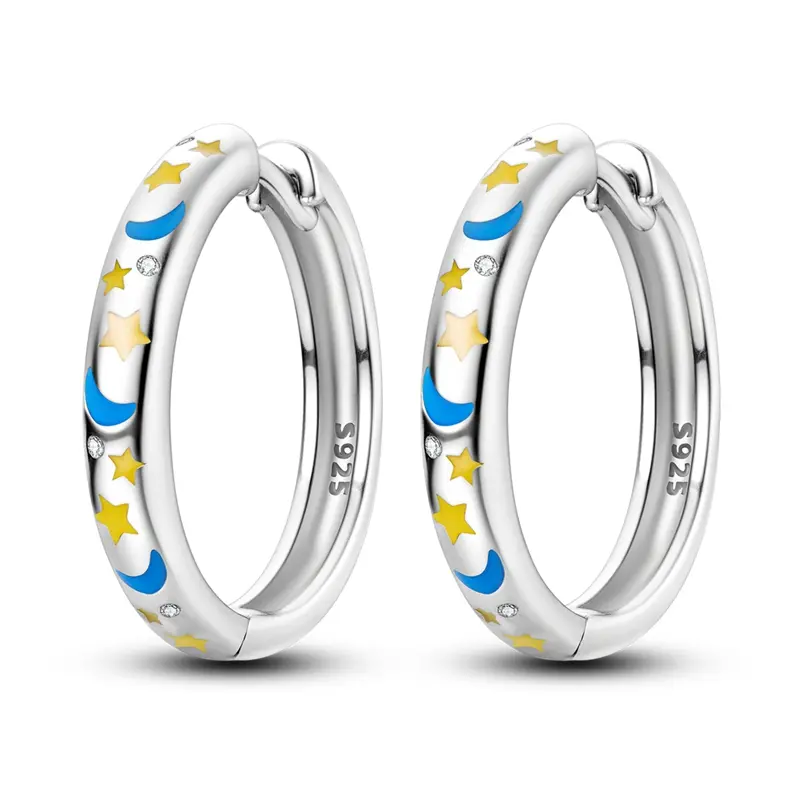 Glow in the Dark Star & Moon Hoop Earrings, Silver Plated Luminous Enamel Huggies, Day-to-Night Romantic Surprise Jewelry Gift for Her