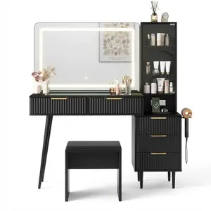 Modern Vanity Table with Mirror and LED Lights, 120 x 40 x 136 cm Particleboard, Available in Natural Wood White and Black, Makeup Vanity Desk with Drawers Shelves Charging Station and Stool