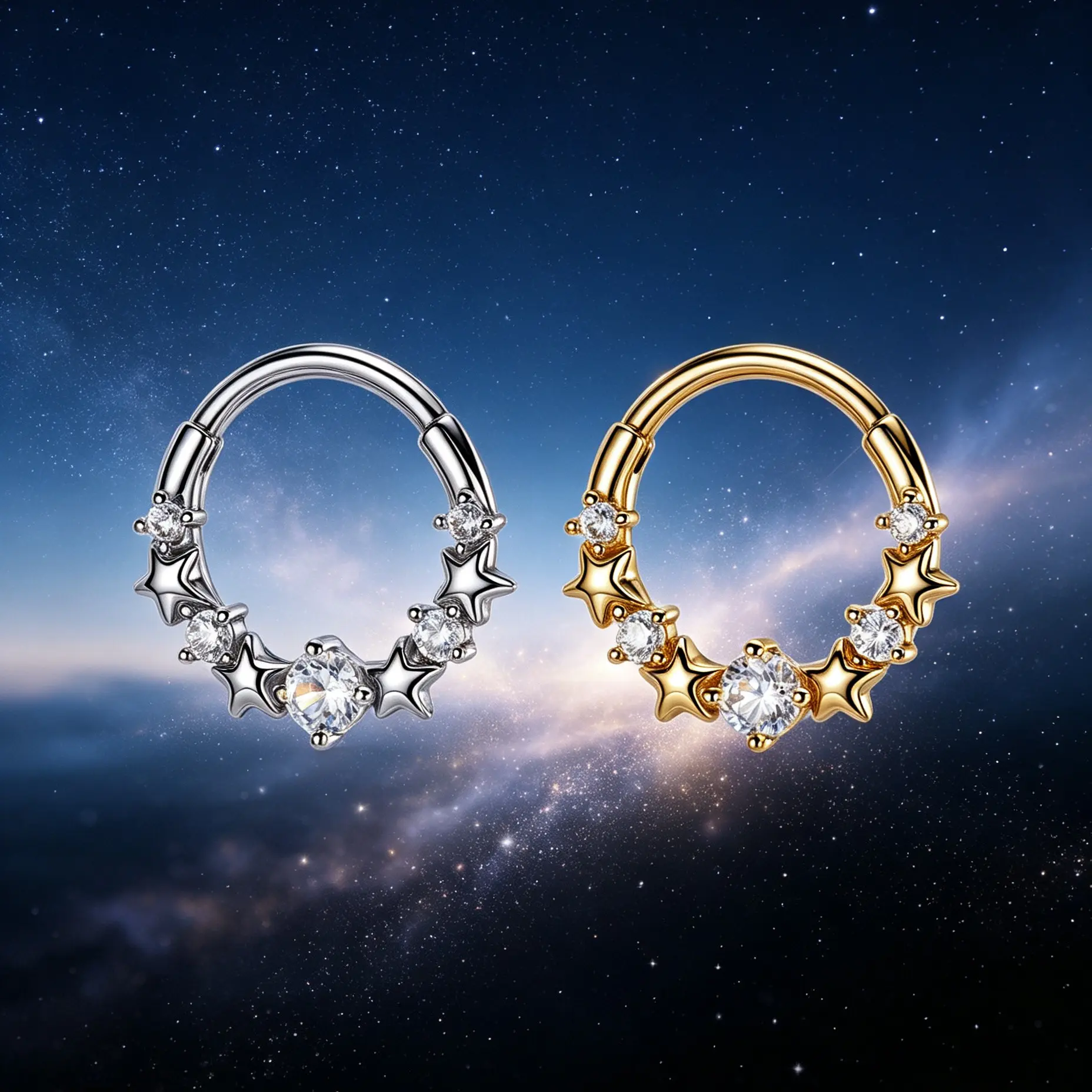 OUFER 16G Stars with Sparkling CZ Hinged Segment Septum Ring, Body Jewelry For Women, Stainless steel septum jewelry