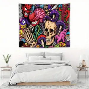 Tapestry  Skull Tapestry -  Art Wall Hanging, Vibrant Colors, Skull, Mushrooms, Snake, Devil Cartoon, Home Decor, Dorm Room Decor, Bedroom Aesthetic,  Wall Art For Living Roo Decoration Gift White