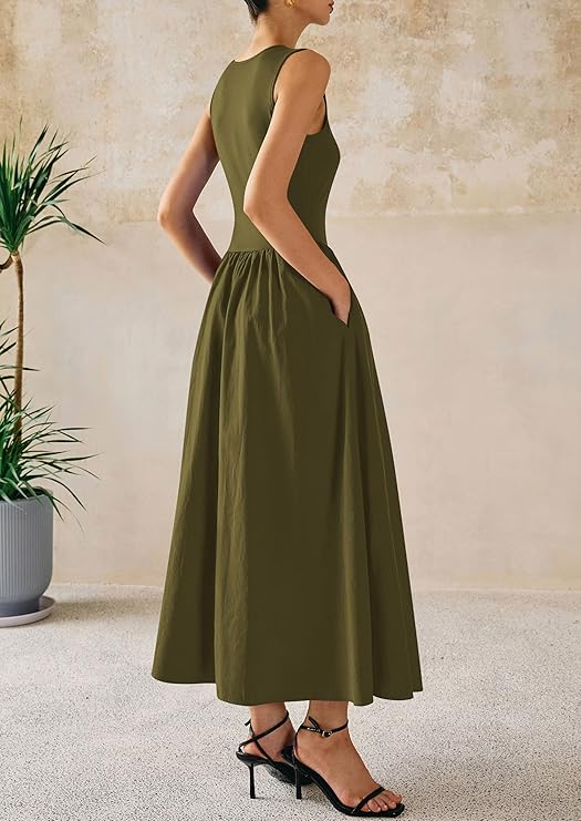 PrettyGarden Maxi Dresses for Women Summer Casual Sleeveless Patchwork Flowy Vacation Sundress Knit Long Work Tank Dress