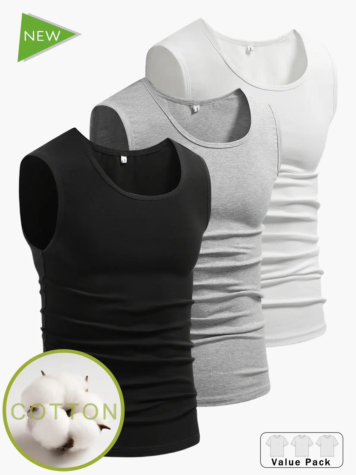 Men’s slim-fit U-neck cotton tank top, high-stretch breathable sleeveless base layer for fitness training