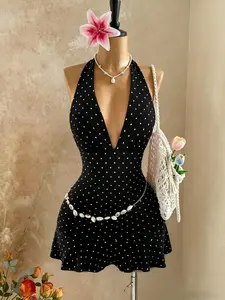 Women's Polka Dot Halter Figure Hugging Dress, Sexy Backless A-Line V-Neck Summer Mini Dress, Trendy Fashionable Evening Wear, Perfect for Parties
