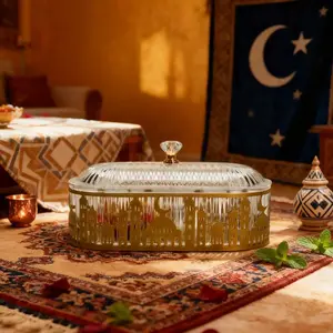 Ramadan Serving Tray with Lid, Metal Iftar Plate, Islamic Candy Dish, Aesthetic Table Decor, Food Service Tray, Biscuit Storage Container, Supplies for Eid al-Fitr Festival Party