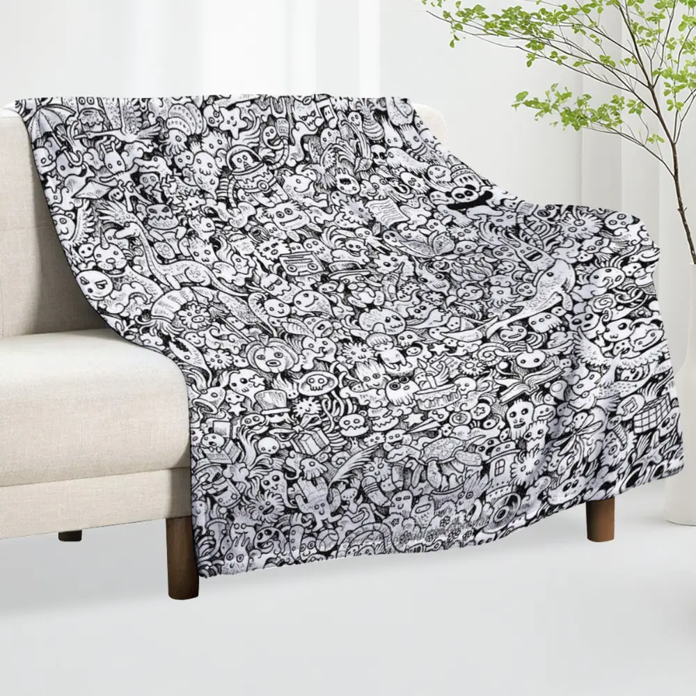 Black White Doodle Coloring Book Style Blanket, Soft Flannel Throw Blanket with Cute Cartoon Monster Animal Pattern, Cozy Gift for Kids Boys Girls Teens, Fun Art Lover Blanket for Bed Couch Sofa Bedroom Dorm, Lightweight Warm Blanket for Naptime