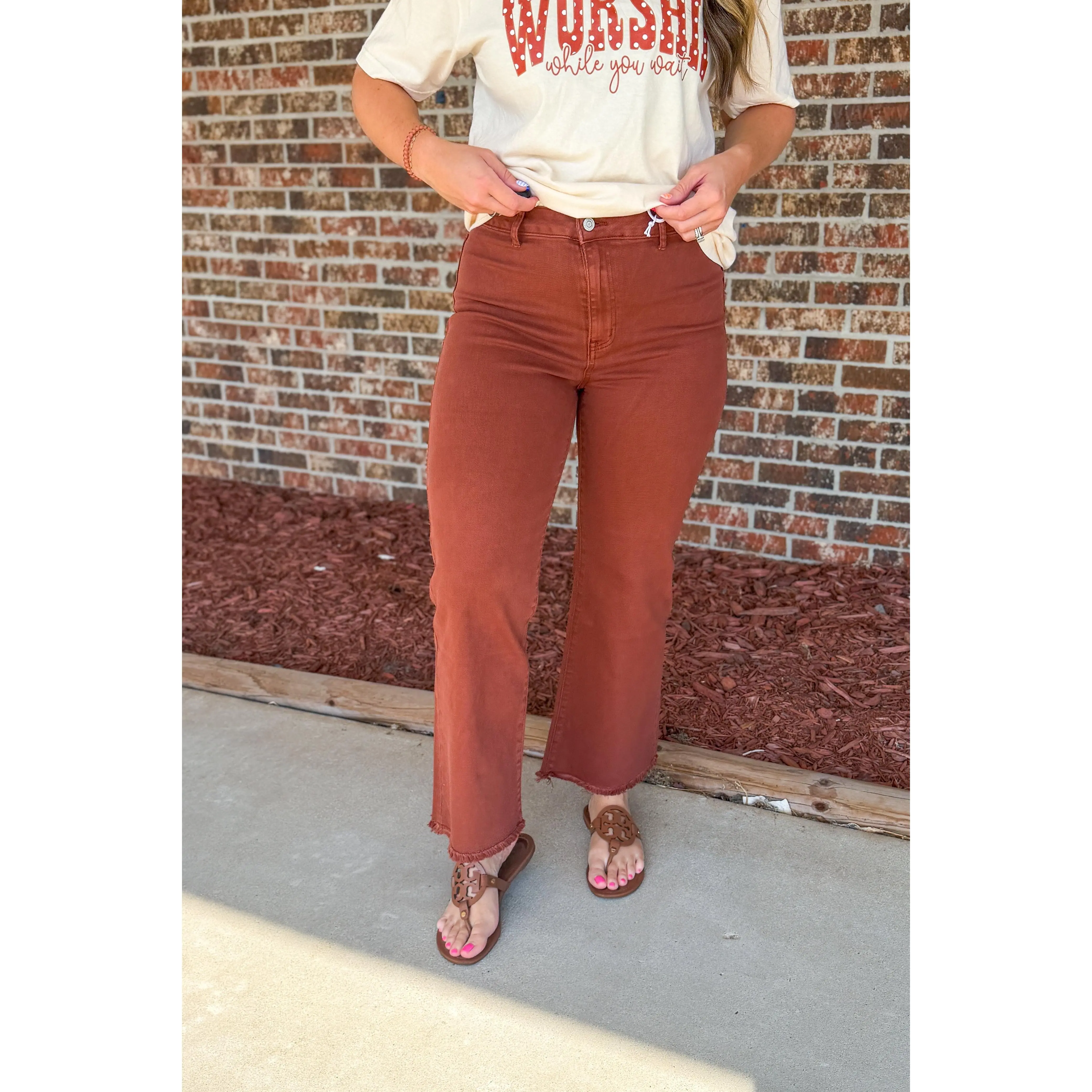 Zenana Frayed Hem Colored Denim Pants, Dark Rust
