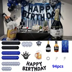 Blue and Black Happy Birthday Decorations for Men,Birthday Decorations with Banner, Fringe Curtains,Foil Balloons, Balloon Kits for 21st,25th 27th 30th 35th 40 50 60th Birthday Decorations
