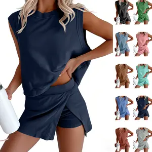 WoodBerry Women's Two Pieces Casual Travel Outfits Summer Short Lounge Set Cotton Tank Top Lined Split Athletic Skirt Sportswear Set