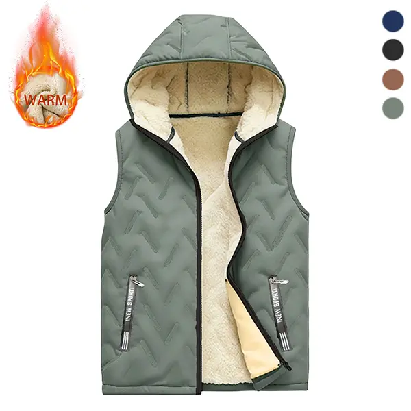 Men’s autumn/winter insulated vest, hooded design with fleece lining, regular fit, polyester fiber material, zipper closure, casual style, menswear, men’s tops, men’s vests, autumn/winter apparel Sleeveless Plain