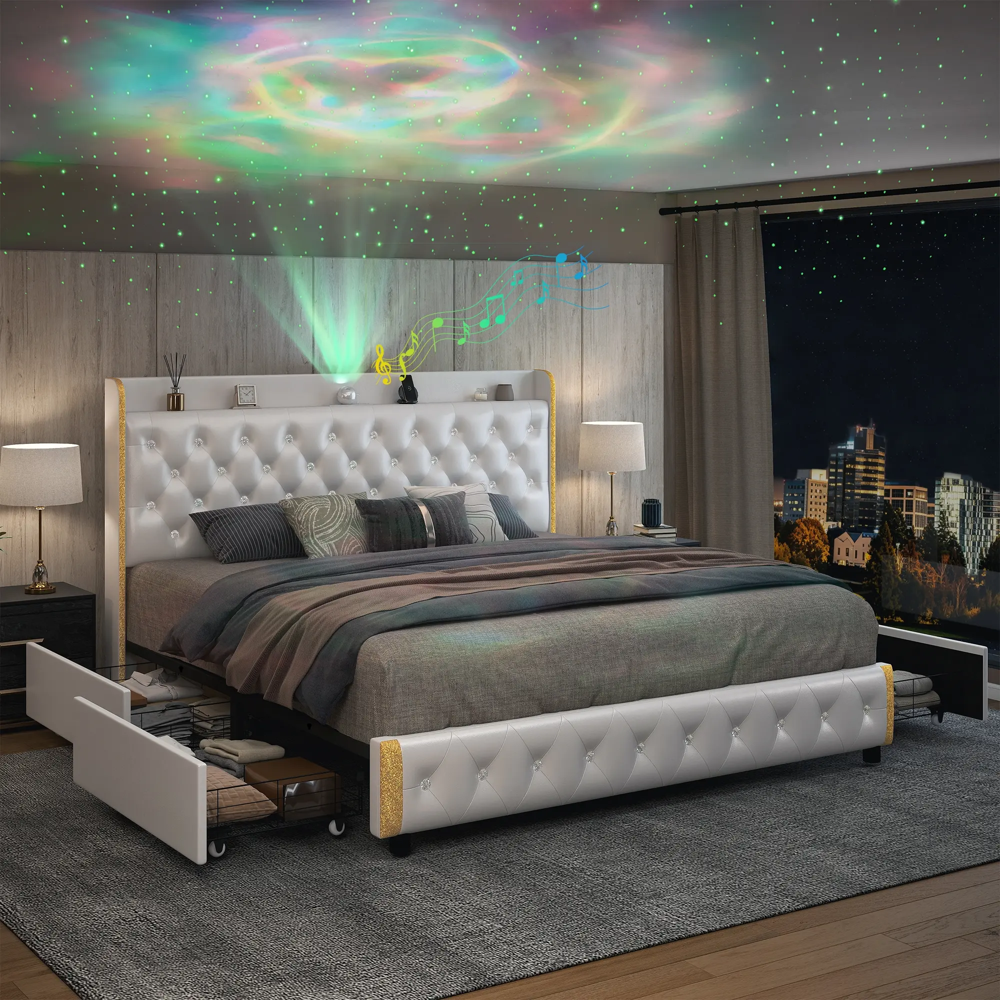 Queen LED Storage Bed Frame with Galaxy Aurora Star Projector, 4 Storage Drawers, Velvet Wingback Headboard, USB Charging Station, No Box Spring Needed