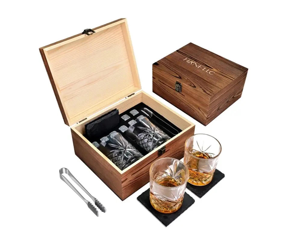 TINANA Whiskey Glass Set Gifts for Men: 11 OZ Scotch Glass, Old Fashioned Whiskey Glasses for Birthday Decorations,Ideal Gifts for Him,Dad,Husband,with Wooden Box,Chilling Stones,Coaster