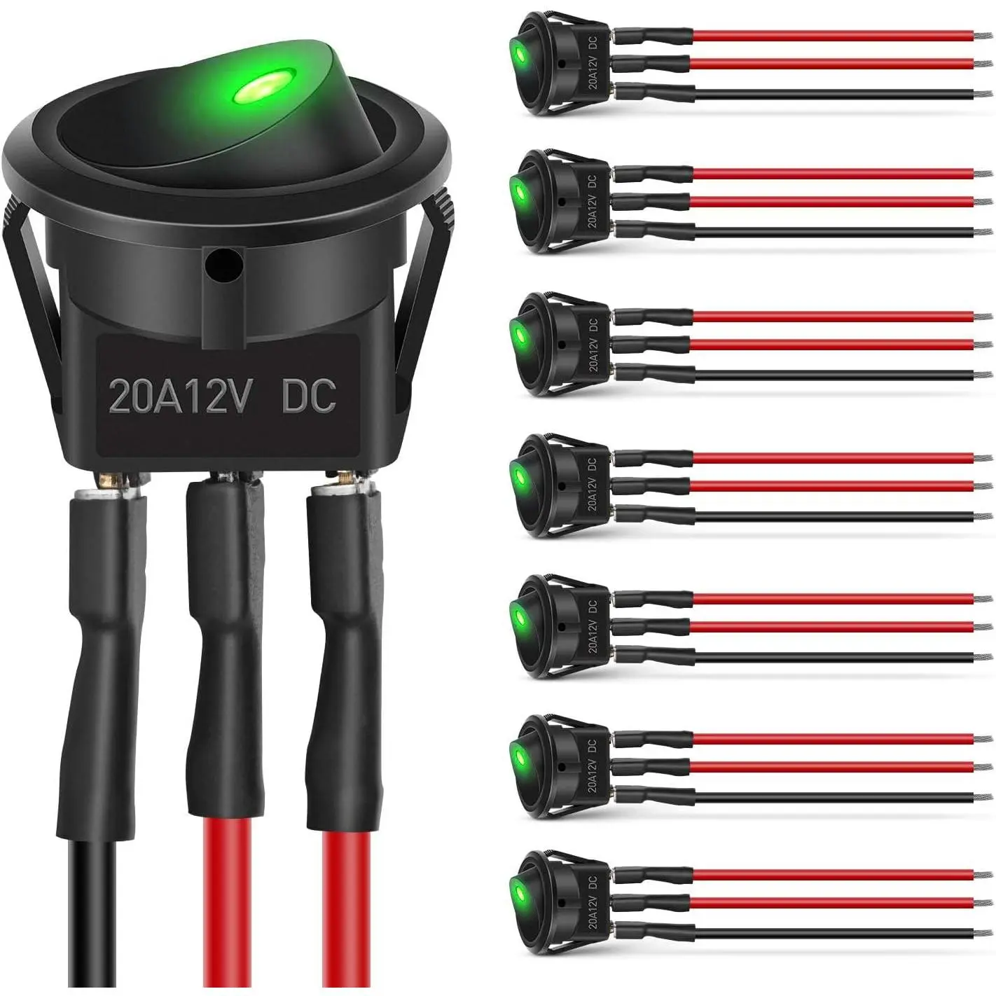 Nilight 8PCS Round Rocker Switches - 12V-24V, 20A Green LED SPST Toggle Switches with 16AWG Presoldered Wires, 3Pin 2Position, Direct Mounting, On/Off Control for Cars Trucks Boats, Round Switch