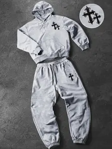 Men's Two-Piece Sportswear Set, Streetwear Tracksuit Set, Cross Graphic Print Design, Includes Hooded Sweatshirt and High-Waisted Pants, Loose Fit, Fall & Winter