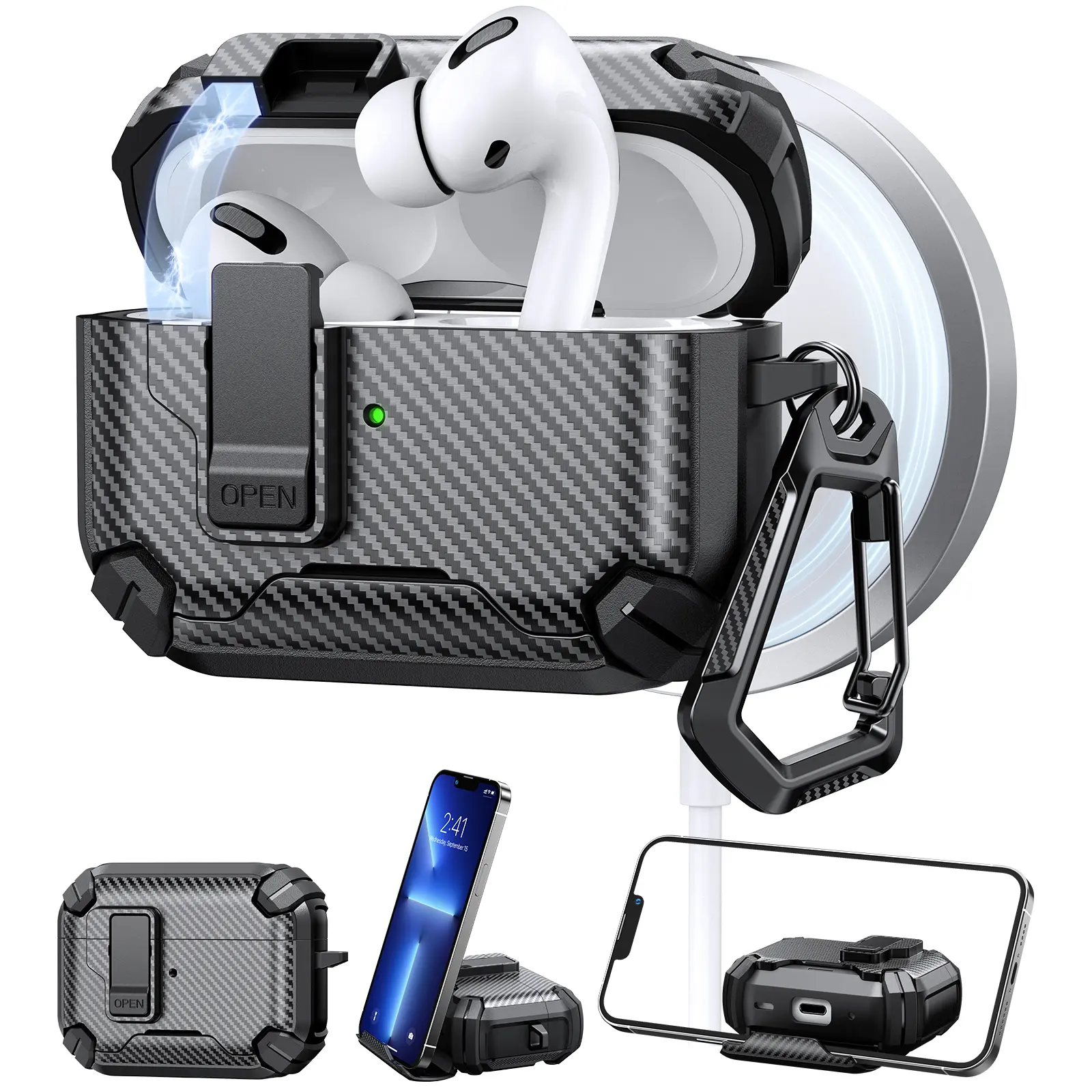 Auto Pop-Up Case for AirPods Pro 2 & 4, Carbon Fiber Texture Protective Cover, Locking Buckle Anti-Loss Design, Soft Shell with Hidden Phone Stand, Headphone Accessories