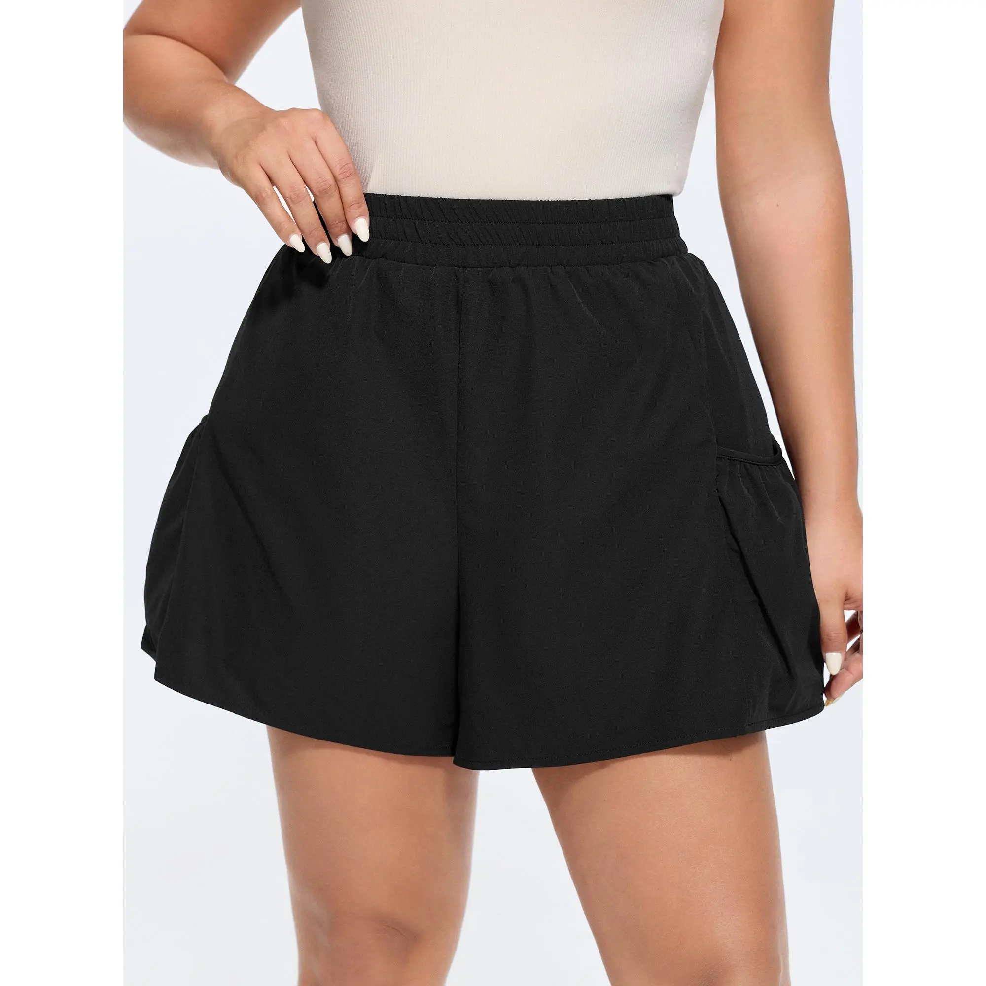 Women's Basic Minimalist Shorts, Smooth and Breathable Flowy Nylon with a Relaxed Fit, Smocked Waist, and Pockets, Everyday, Fabric, Simple, Loose Shorts, Lightweight, Mid Waist, Solid, Bottoms, Spandex, Mid Rise