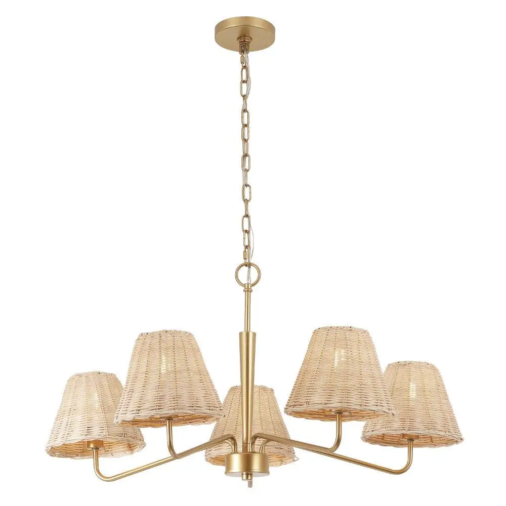 Libby 30" 5-Light Modern Coastal Sleek Woven Rattan/Iron LED Chandelier Libby 30" 5-Light Modern Coastal Sleek Woven Rattan/Iron LED Chandelier