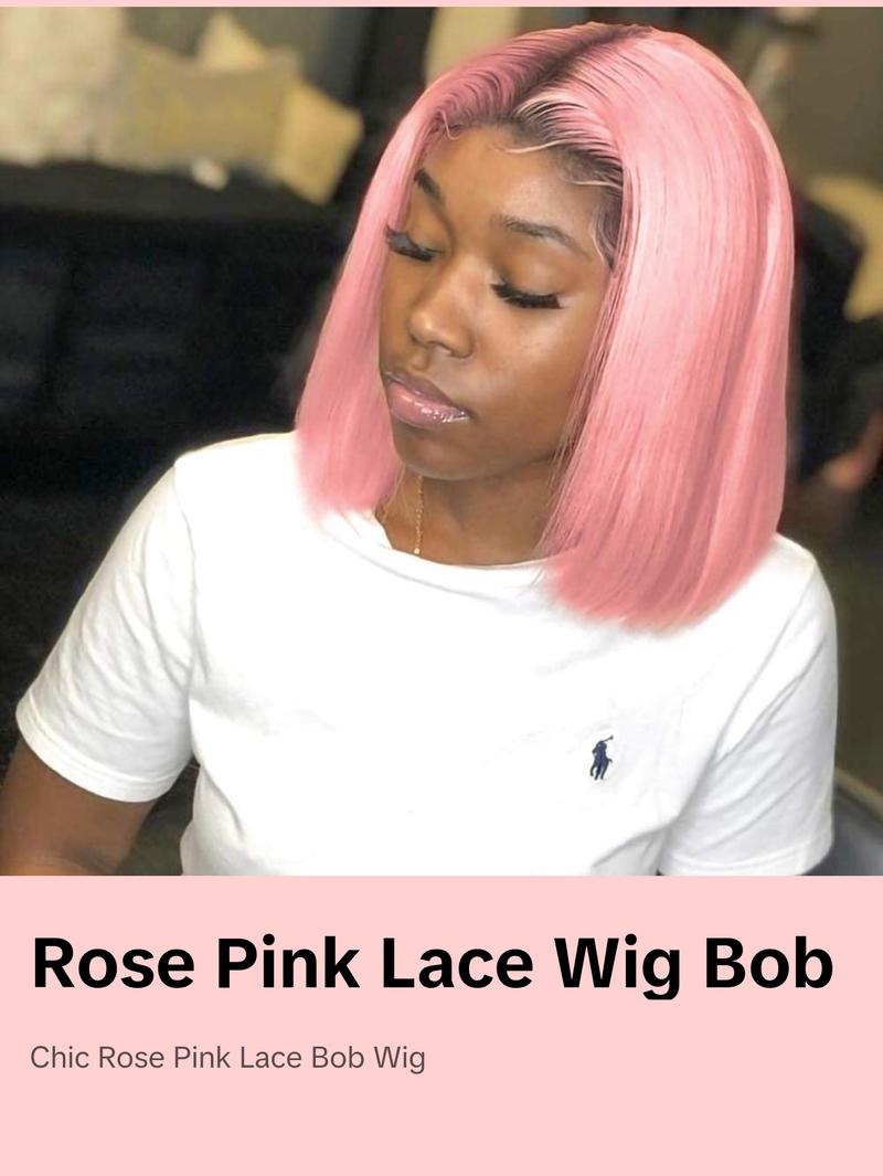 Rose Pink HD LACE FRONTAL BOB wigs. Human hair 180 density