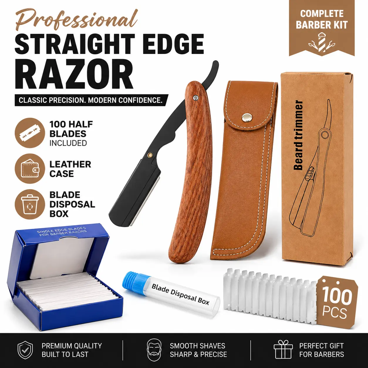 Professional Barber Straight Edge Razor with Easy Replacement 100 Half Blades Leather Case Blade Disposal Box Manual Barber Razor Daily Durable Storage
